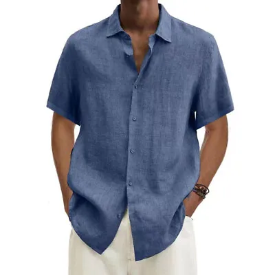 Mens Short Sleeve Linen Shirt Casual Baggy Button-up Lapel Hawaiian Holiday Tops • £10.99