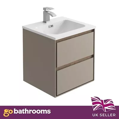 Bathroom Vanity Unit Matt Grey & Oak Effect 2 Drawer Wall Unit Resin Sink | 50cm • £287.37