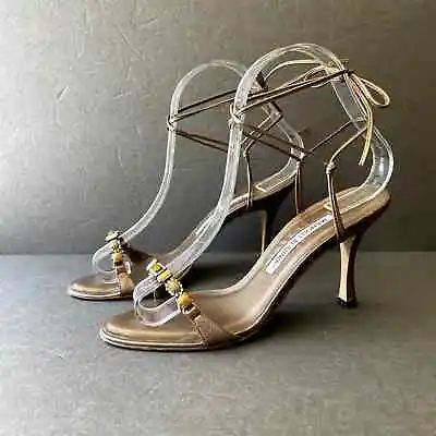 Manolo Blahnik Prisca Strappy Jeweled Heels 35.5 Nappa Caffe Bronze • $150