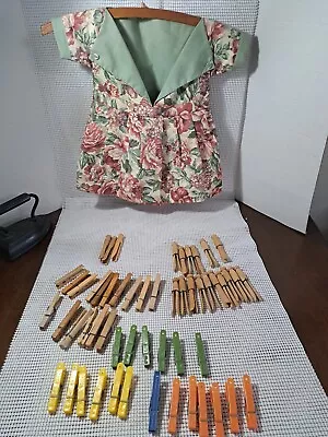 Dress Clothes Pin Bag Holder Hanger W/Clothes Pins Wood & Penley Plastic Ones • $52