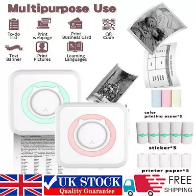 Mini Pocket Thermal Printer Bluetooth Photos Label Printing+13 Rolls Paper&6 Pen • £19.59