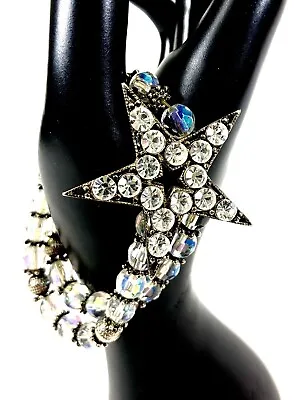 Vintage Rhinestone Star Bracelet Stretch Double AB Crystals Band Lots Of Sparkle • $10