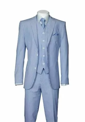 Executive Fit Striped Seersucker Suit 2-Button Single Breasted 3-PC W/Vest&pants • $105