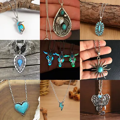 Vintage Silver Turquoise Necklace Pendants Chain Boho Western Women Jewelry Gift • $1.71