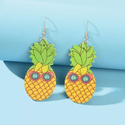 Yellow Pineapple With Eyeglass Pu Leather Dangle Earrings Creative Jewelry Gift • $1.99