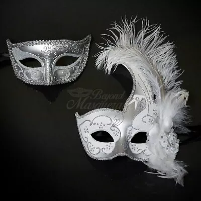 Couple's Masquerade Masks | Masquerade Masks Silver White Feathers • $26.10