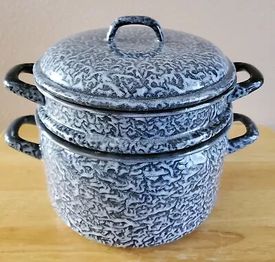 3 Pc Vintage Gray Swirl Enamelware Pot-Steamer/Strainer-Lid Complete Set  • $9.99