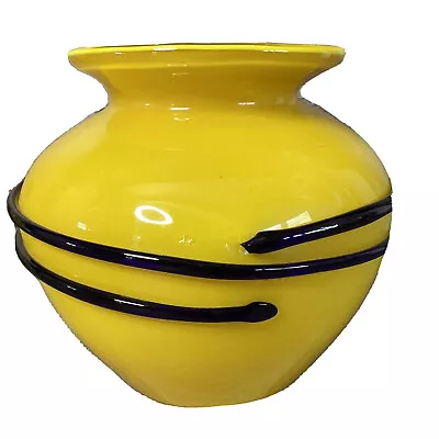 Vintage XL Tango Czech Glass Yellow Applied Cobalt Blue Spiral Snake Vase Style • $59.95