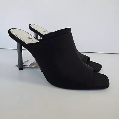 NEW ZARA SOFT HEELED Black SQUARED TOE SANDALS MULES SLIDES 42 USA 11 • $44.95