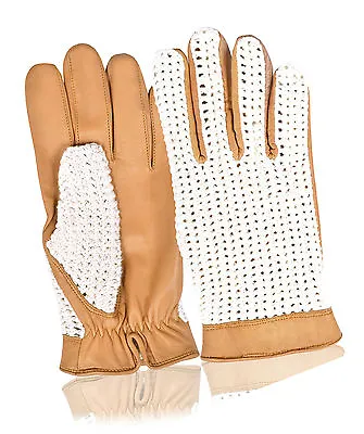 Real Leather Men's Classic Driving Gloves  Hand Knitted Crochet String Back • £14.95