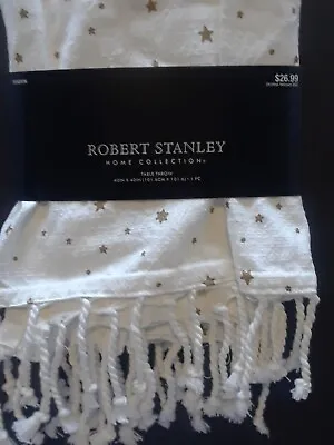 Robert Stanley White Table Throw 40x40 Inch Metallic Gold Stars Fringe Cotton • $19