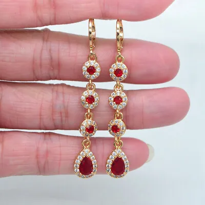 18K Yellow Gold Filled Women Red Mystic Topaz Long Teardrop Wedding Earrings • $2.99