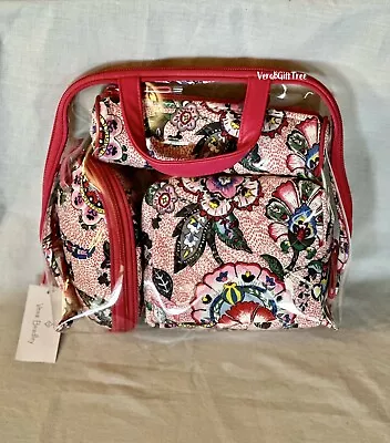 Vera Bradley Iconic 4-Pc Cosmetic Set STITCHED FLOWERS PINK Travel CASE NWT RARE • $63.60