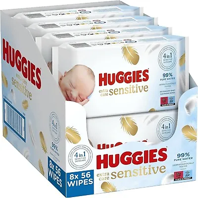Huggies Pure Extra Care Baby Wipes Sensitive Fragrance Free 8 X 56 = 448 Wipes • £11.70
