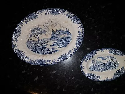 Myott The Brook Vintage Blue & White Bone China Oval Plate Set 1 Large 1 Small  • £15