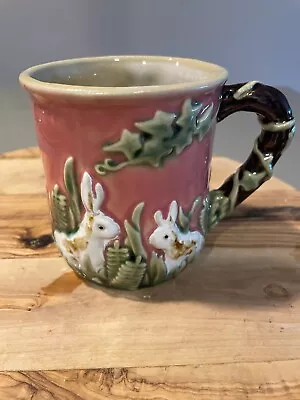 Vintage 1991 CBK Rabbit Bunny Stoneware Pottery Mug Pink Brown Green White EUC • $20