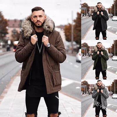 Mens Cotton Padded Warm Hooded Fur Collar Outwear Jacket Mid Length Occident New • $50.03