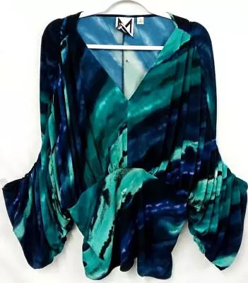 Marc Bouwer Blue Green Abstract V Neck Ruched Long Sleeve Dolman Top 2X • $0.99