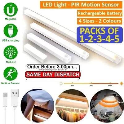 USB Rechargeable LED PIR Motion Sensor Light Strip Wireless Cabinet Closet Lamp • £7.99