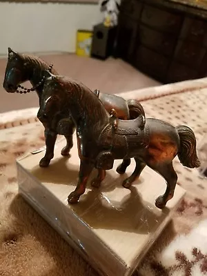 $25 • Buy 2 Vintage CARNIVAL PRIZE HORSES Cast Metal Copper Finish Horse W/ Saddle