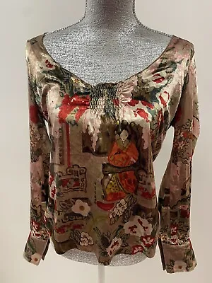 LUCKY BRAND Velvet Womens Medium Oriental Print Scoop Neck Long Sleeve • $8.99