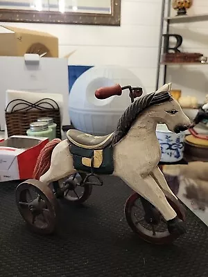 Carved Wooden Horse On Three Wheels With Painted Saddle Vintage Folk Art Style  • $20