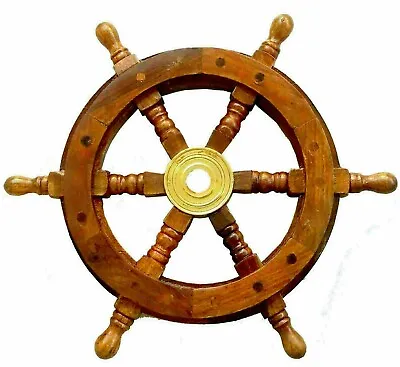 £35.99 • Buy 12 Nautical Wooden Ship Steering Wheel Pirate Decor Wood Brass Fishing Wall Boat