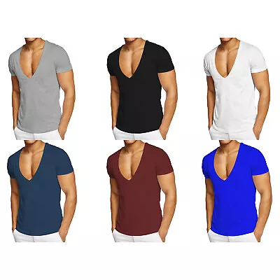 Men's Deep V-Neck Short Sleeves Low Cut T-Shirt Cotton Workout Top Muscle Shirts • $15.89