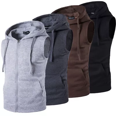 Men Sleeveless Workout Hoodie Zip-up Vests Gym Sport Bodybuilding Hooded Tops • $15.11