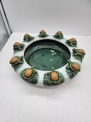 Majolica 10 Climbing Turtles Art Pottery Glazed Round Planter Bowl • $38