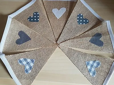 Handmade Vintage Style Bunting - Hessian With Grey & White Mix Hearts - • £4.50