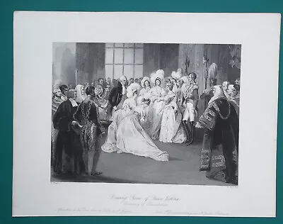 LONDON Queen Victoria In Drawing Room At St. James Palace - 1841 Antique Print • $26