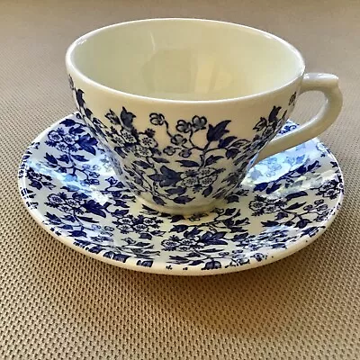 BROADHURST BURLEIGHWARE Vintage Tea Cup Saucer May Blossom Teacup Blue And White • $30