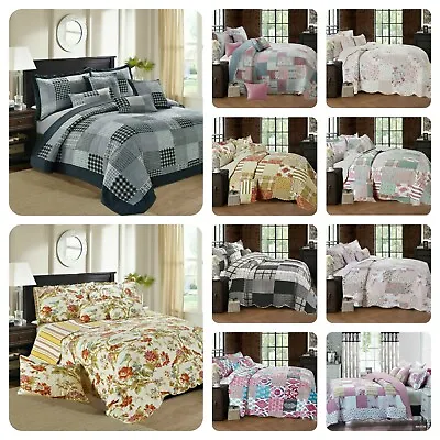 3 Piece Quilted Patchwork Bedspread Throw Single Double King & Super King Size  • £10.99