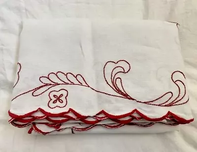 Vintage Embroidered White Linen Tablecloth With Red Scalloped Edges 64L X 66W • $13.99