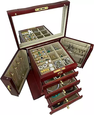 Extra Large Jewelry Box Wooden For Women Solid Wood Organizer With Lock For Jewe • $155.99