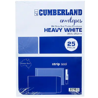 NEW Cumberland B4 Envelopes Pocket Strip Seal 100GSM 353x250mm White Pack 25 • $27.95