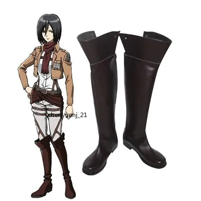 Anime Attack On Titan Mikasa·Ackerman Cosplay Shoes Brown Leather Boots Gift New • $62.32
