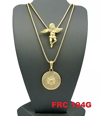 Baby Angel & Medusa Face Micro Pendant W/2mm 24  & 30  Box Chain 2 Necklace Set • $21.69