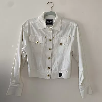 Vintage ‘Versace’ 100% Cotton White Cropped Trucker Jacket • $135