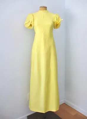 Vtg 70s Lemon Yellow Maxi Bridesmaid Prom Dress Gown Pleated Train Puff Sleeve 8 • $65