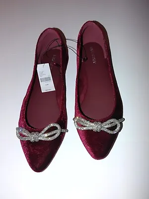 Women's Rhinestone Sparkle Bow Velvet Ballet Flat Deep Cranberry Size 12W NWT • $25.99