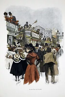 1890s German Color Lithograph Moderne Kunst 16  X 11.25  ON THE WAY PICCADILLY • $48.24