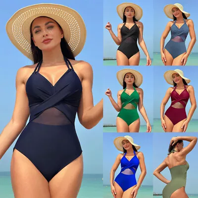 New Women's Full-piece Swimsuit Swimsuit Control Belly Solid Color Mesh Bikini • £11.66