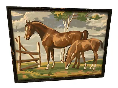 Vtg Horses Mare Foal Hand Painted By Number PBN Chippy Black Frame 12.5 X16.75  • $33.95