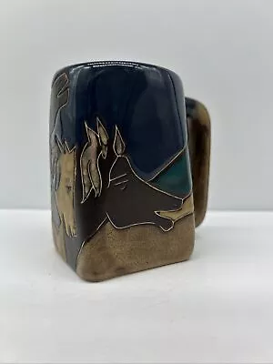 Design By Mara Square Blue Coffee Mug Mexico Art Pottery Wild Horses Mustangs • $22