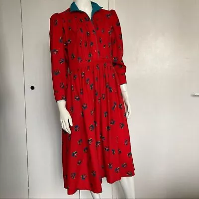 1970 Kenzo Dress Vintage Wool Romantic Floral Cottagecore Red Small • $150