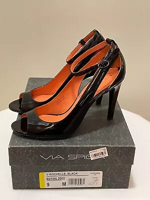 Via Spiga Black Patent Leather Peep Toe Ankle Strap Open Side 4  Heels Size 9 • $32.88