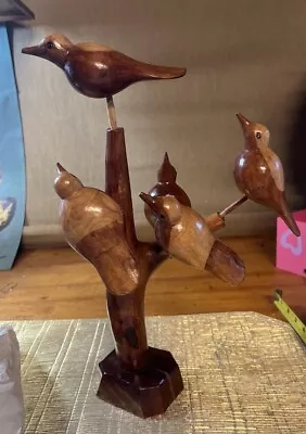 VTG 14” Tall HAND CARVED WOODED TREE 5 BIRDS Birds Can Be Removed Folk Art • $29