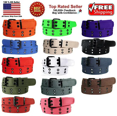 Men Women 1 Hole 2 Holes Row Grommet Stitched Canvas Fabric Military Web Belt • $8.88